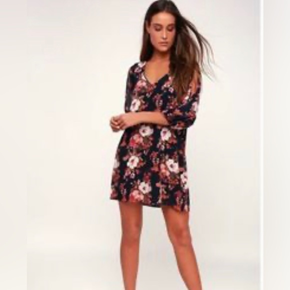 Lulus floral dress size Small navy and orange cold shoulder shifting dear NWT - Picture 3 of 10